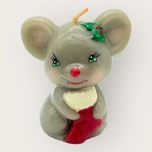 Vintage Russ Berrie Mouse Candle With Stocking Christmas Decor